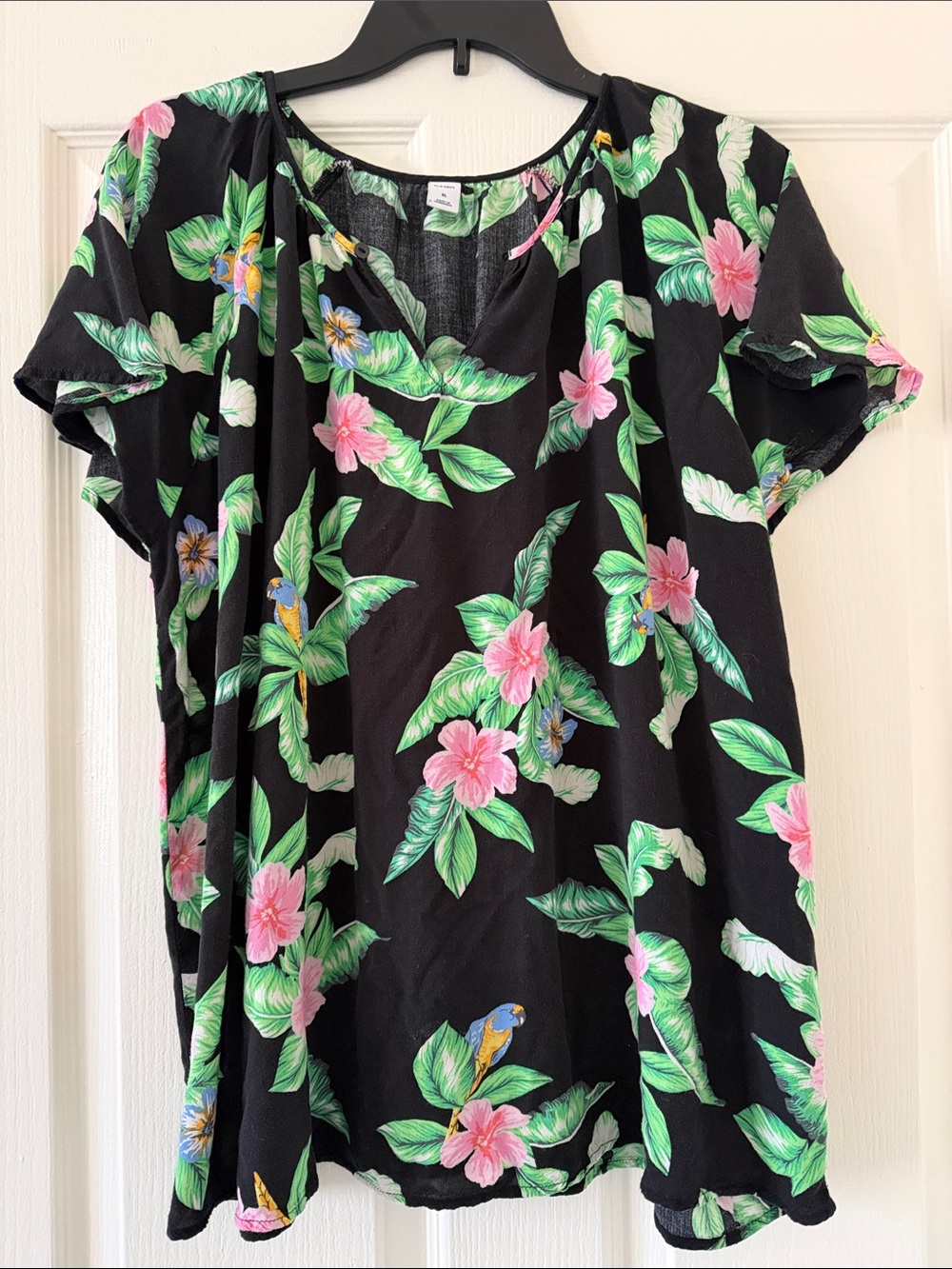 Old Navy Black Tropical Floral V-Neck Blouse with Pink & Green Print
